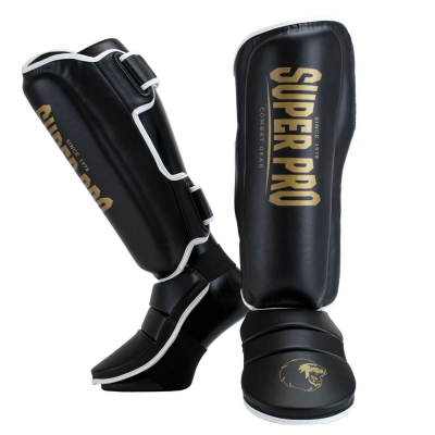Super pro lederen scheenbeschermer protector zwart goud p1267