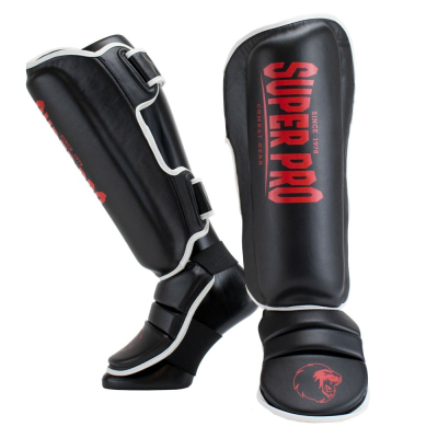 Super pro lederen scheenbeschermer protector zwart rood p1268